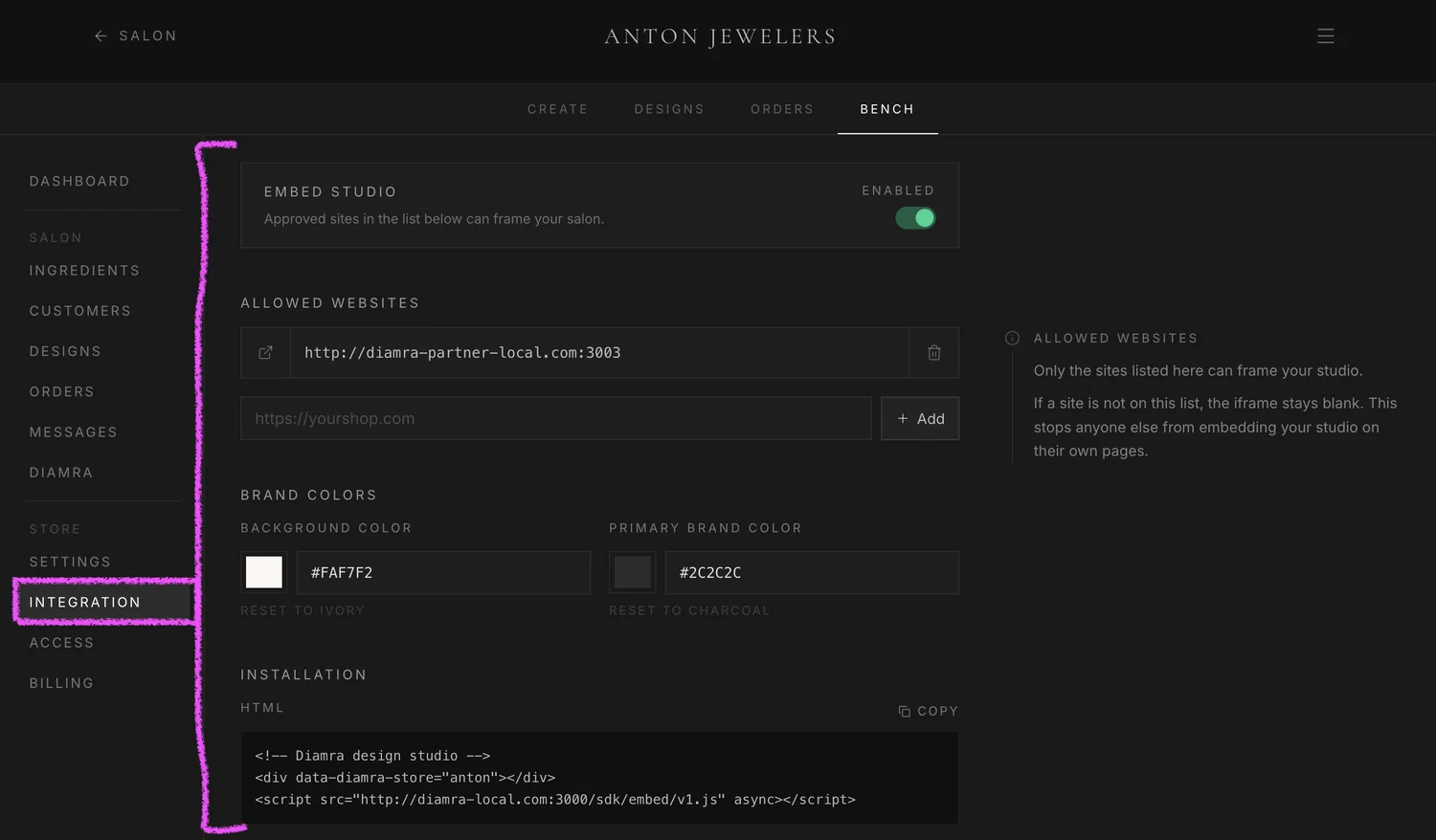 The Integration tab open on the Diamra bench, showing the embed configuration panel
