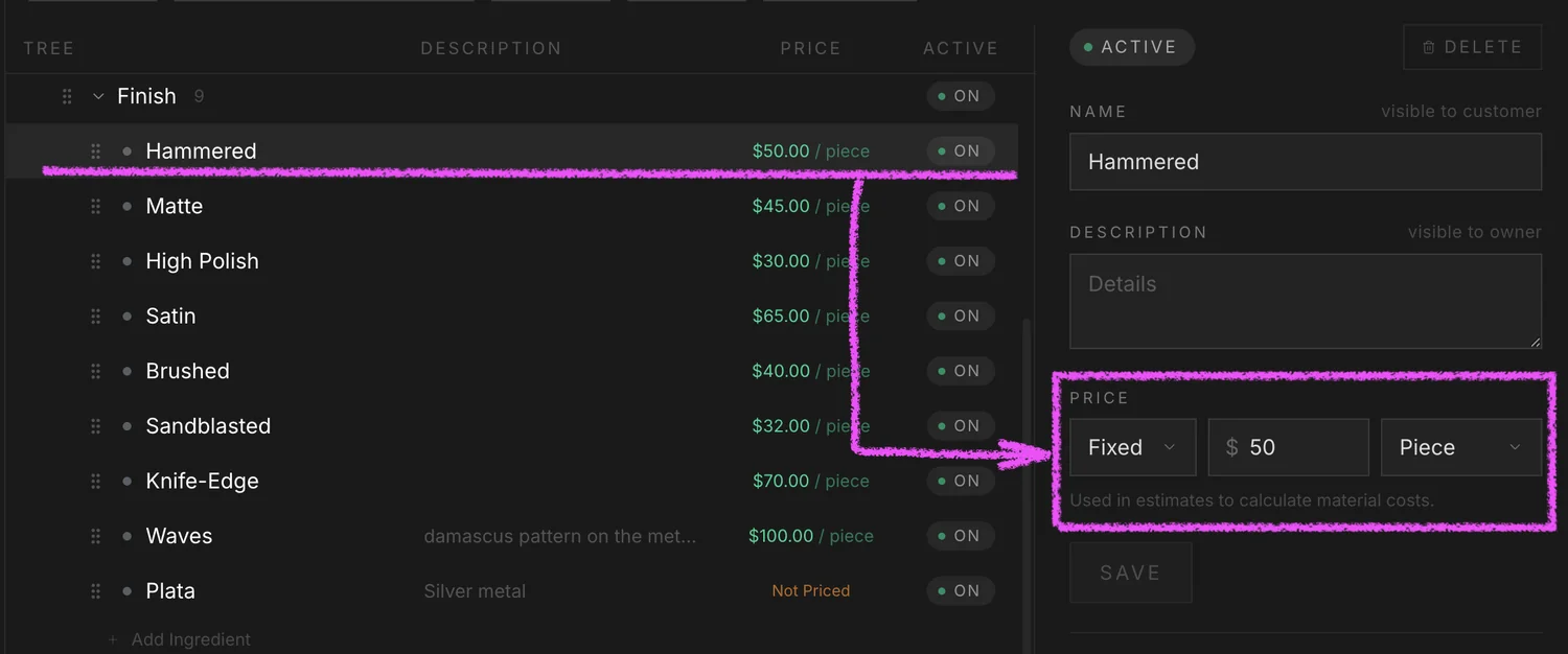 An ingredient detail panel on the bench with the Price block in Fixed mode showing dollar amount and Gram unit