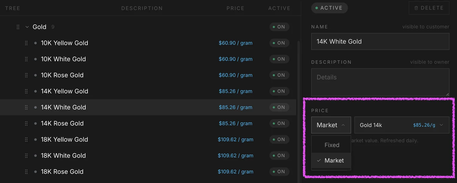 The same ingredient detail panel switched to Market mode with a market value selected from the picker