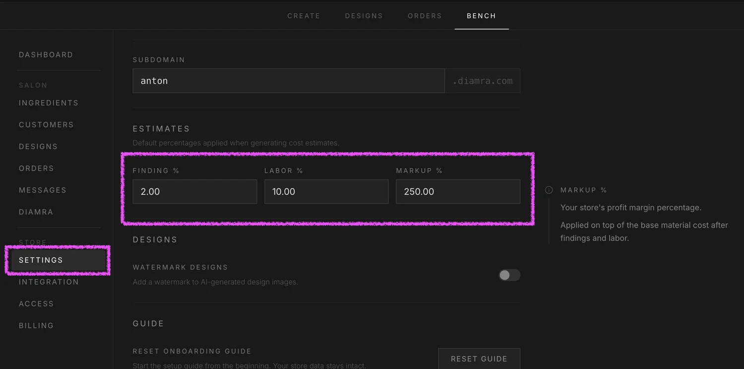 The Pricing section of store settings with Finding, Labor, and Markup percentage inputs