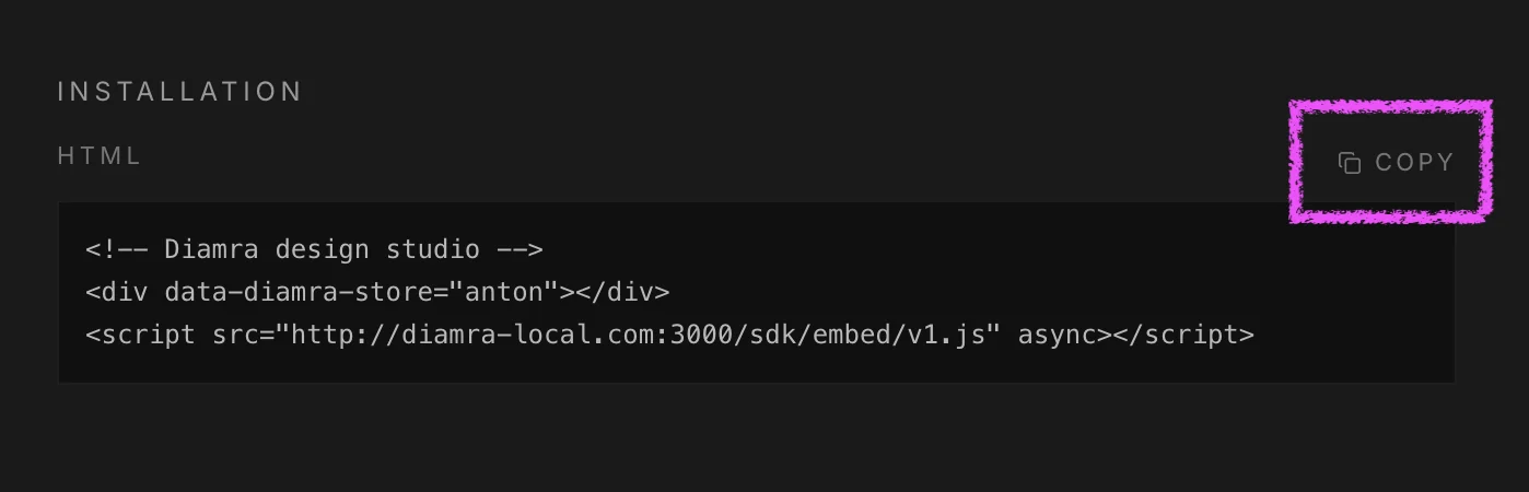 The two-line install snippet with the Copy button highlighted