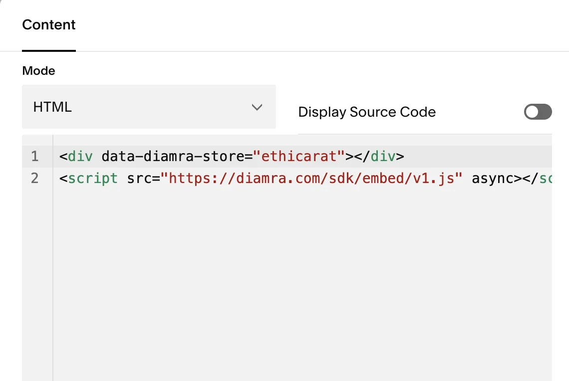 A website builder editor with the Diamra snippet pasted into a custom HTML block