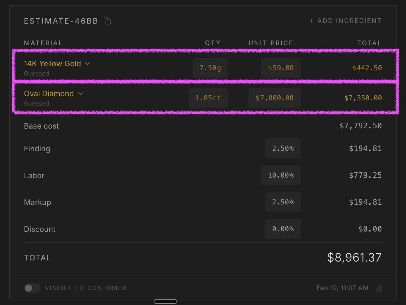 A second estimate on the same order with all rows now green after the missing ingredients were added to the catalog