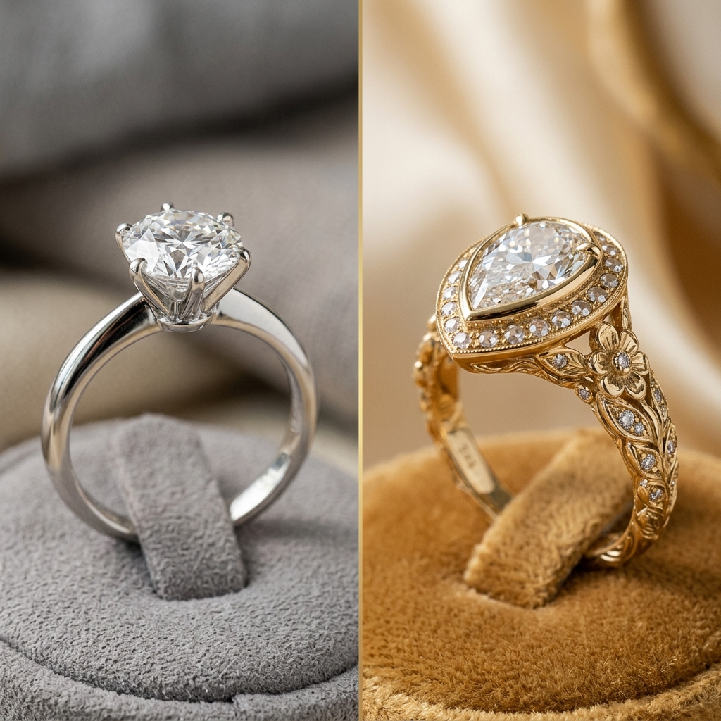 A classic solitaire engagement ring on one display stand next to a custom ring with a pear-cut stone and hand-chased floral details on a second stand