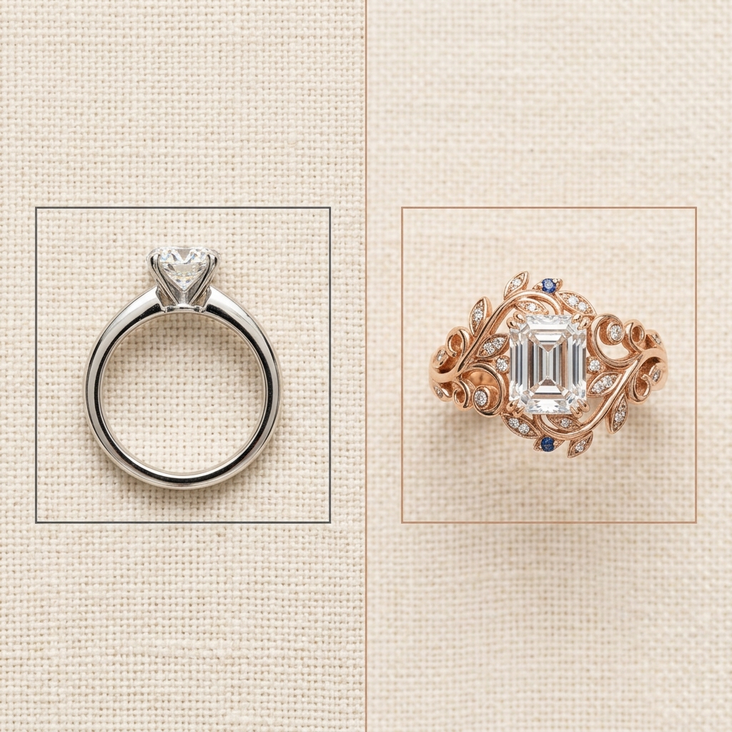 A flat-lay of a classic solitaire engagement ring next to an ornate custom filigree ring with an emerald-cut stone, on warm cream linen