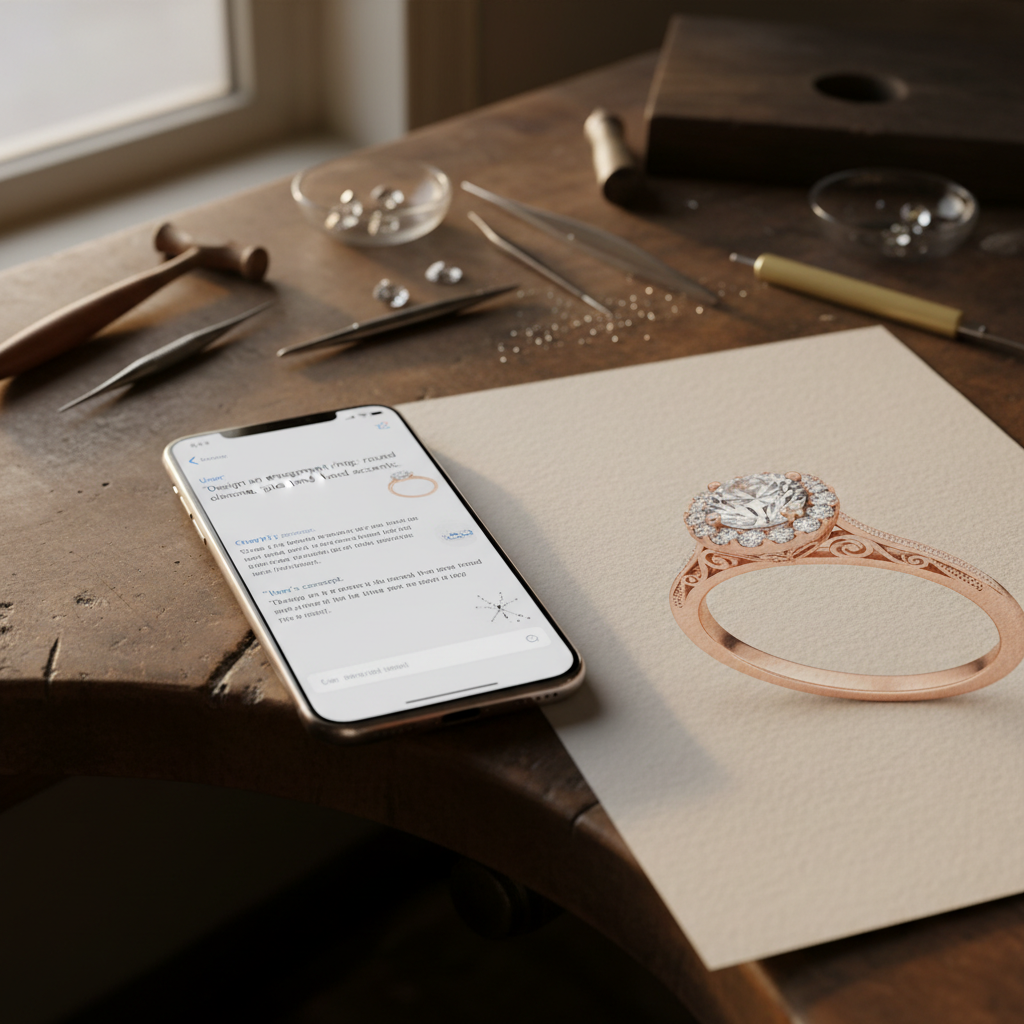 A phone showing a ChatGPT conversation next to a professional jewelry rendering on a jeweler's desk
