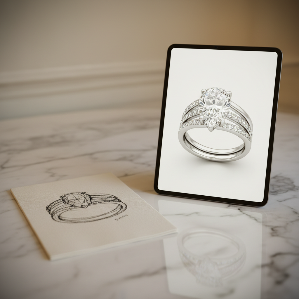 A cocktail napkin with a rough jewelry sketch next to a polished professional rendering of the same design