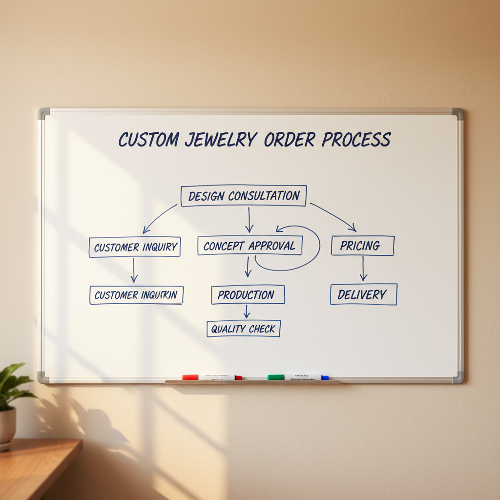 A flowchart on a whiteboard showing the steps from customer inquiry to finished custom jewelry piece