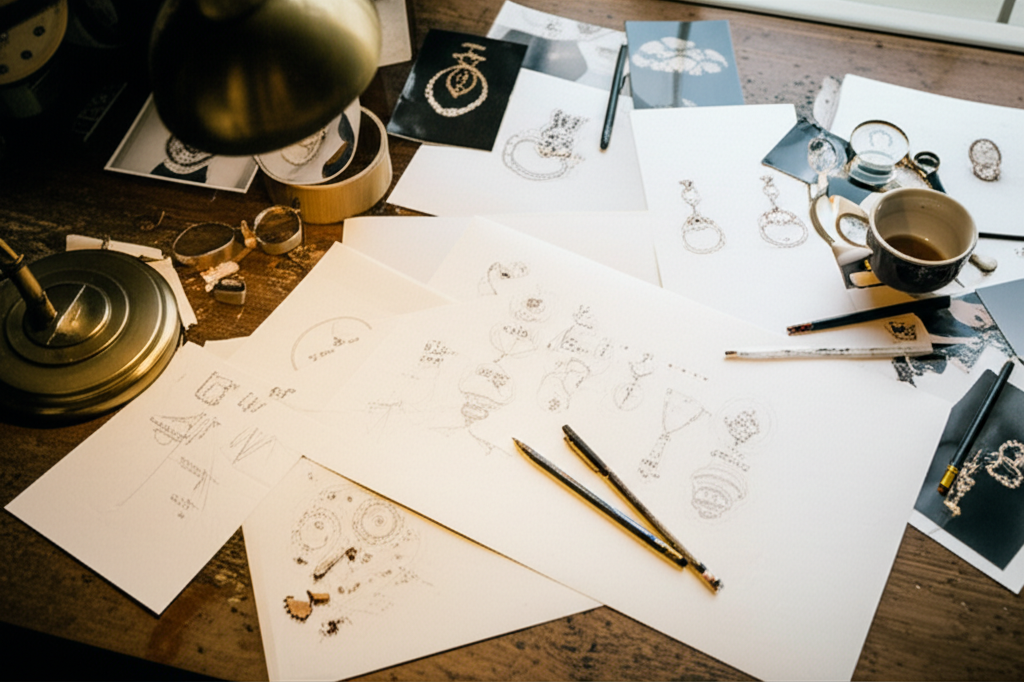 A jeweler reviewing hand-drawn sketches and reference photos spread across a workshop desk