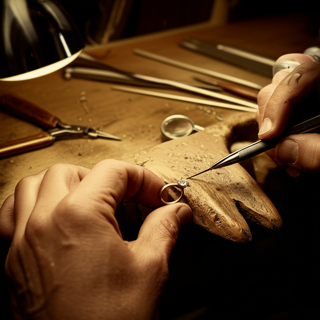 Close-up of a jeweler's hands setting a diamond into a gold ring at a wooden workbench under warm lamp light