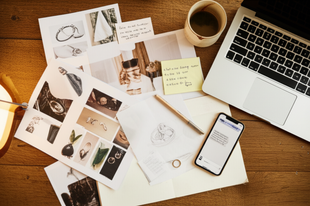 Overhead view of a jeweler's desk cluttered with reference photos, sketches, sticky notes, and a phone showing messages