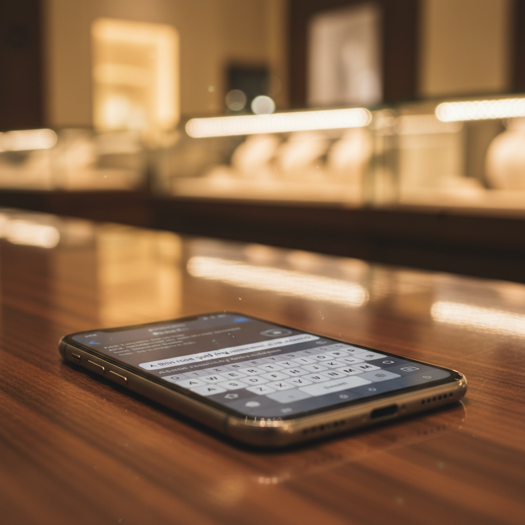 A smartphone resting on a jewelry store counter with a text description being typed on screen