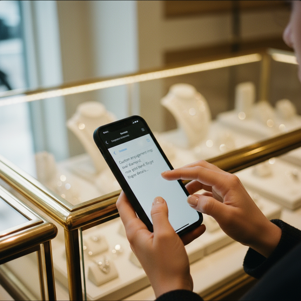 A customer typing a jewelry description on their phone inside a jewelry store with display cases in the background