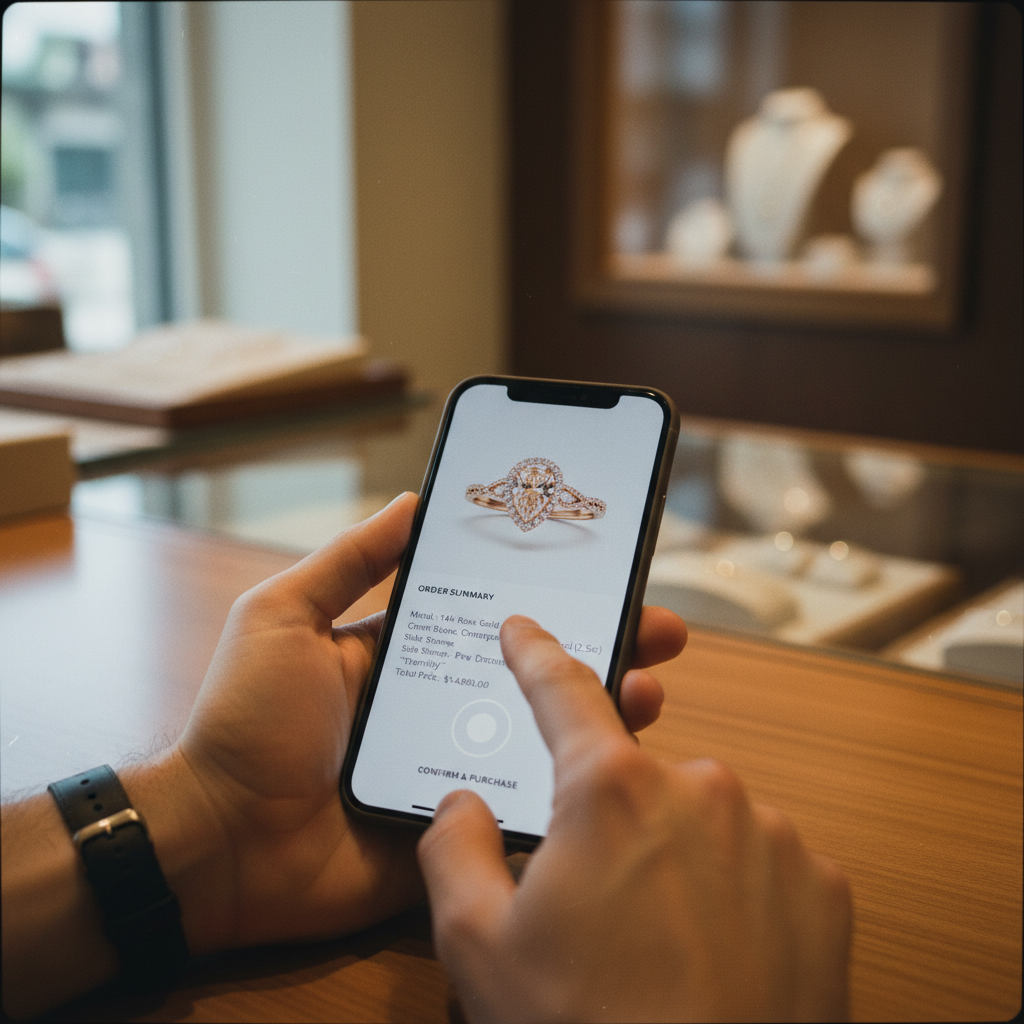 A customer tapping the order button on their phone with a completed jewelry design on screen