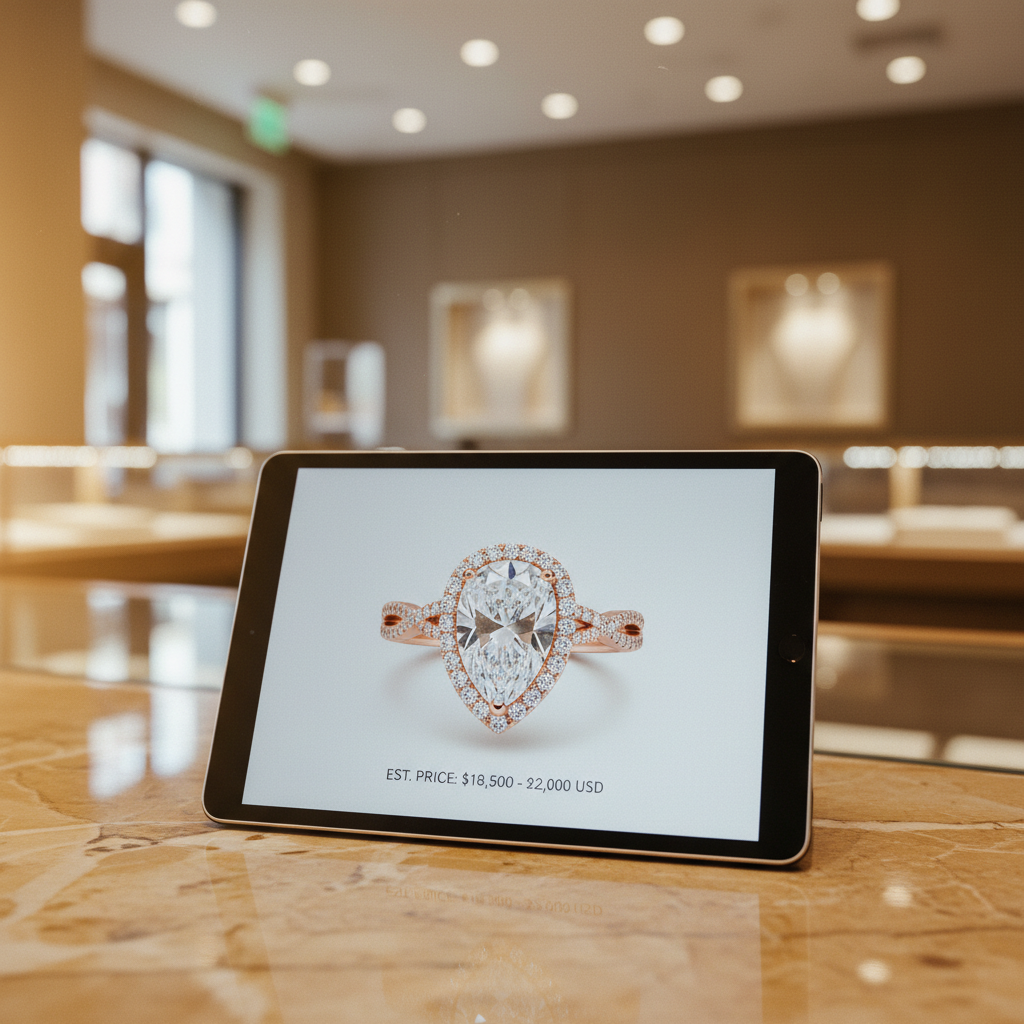 A tablet on a jewelry counter displaying an AI-generated ring concept with a price estimate