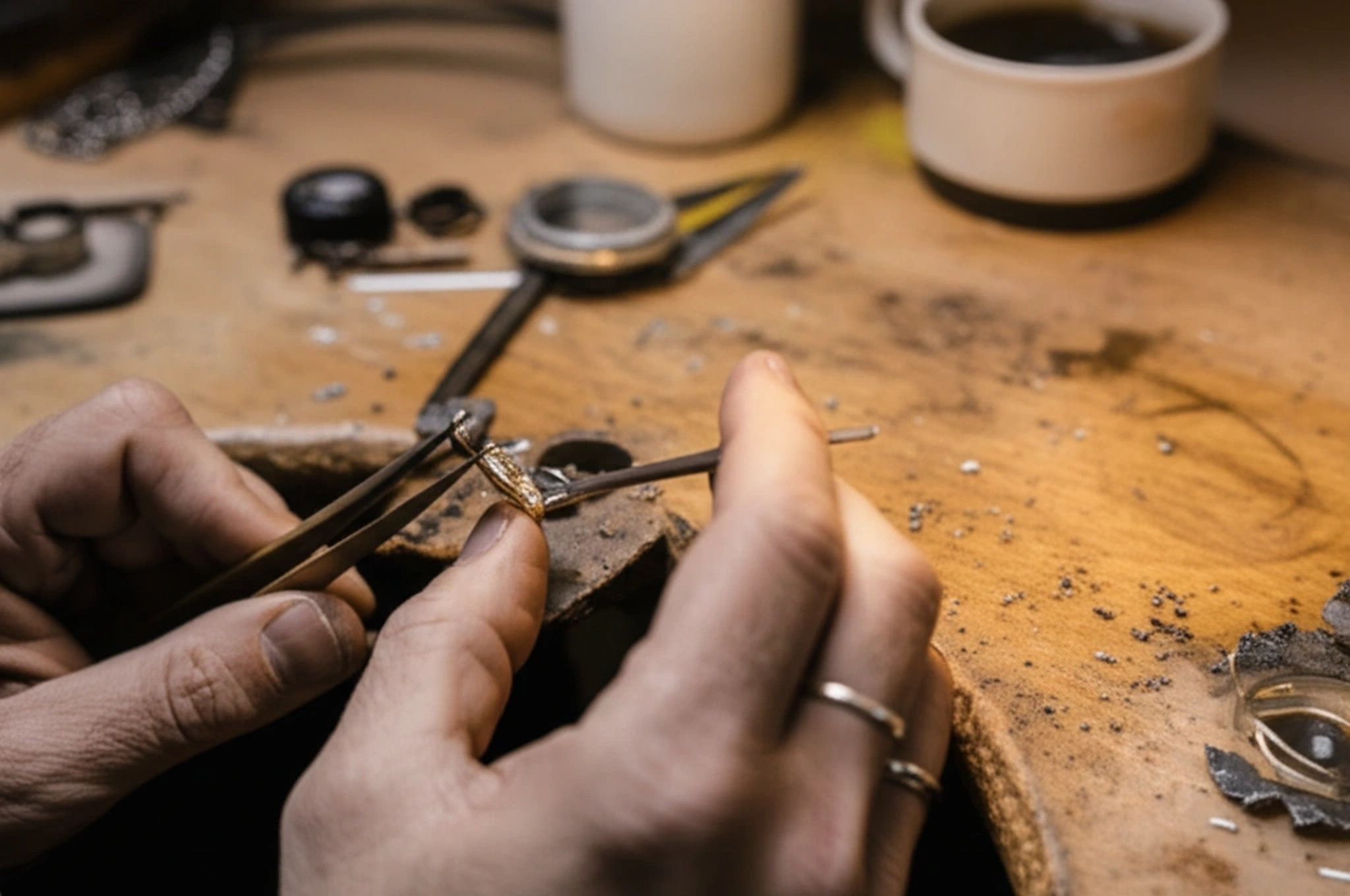 Close-up of a jeweler's hands setting a diamond into a gold ring at a workshop bench