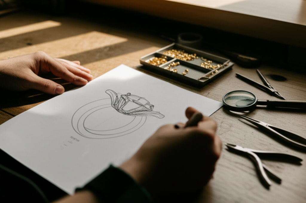 A jeweler working on a ring at a worn wooden workbench