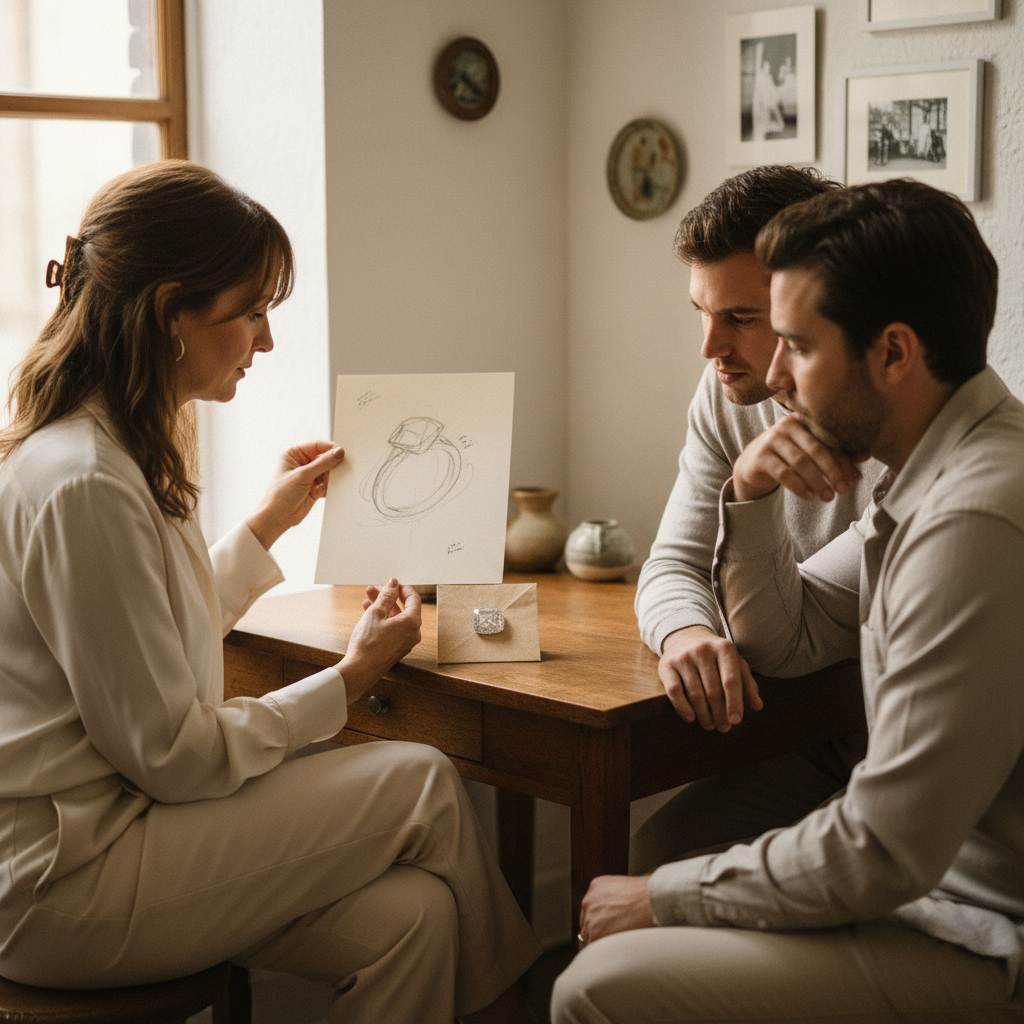 A jeweler showing a custom design sketch to a seated client across a private consultation desk