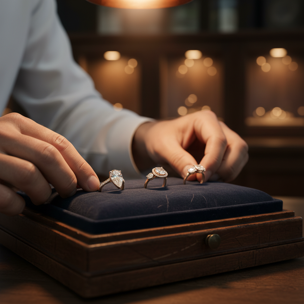 An independent jeweler arranging a private display of custom rings on dark velvet inside a boutique showcase