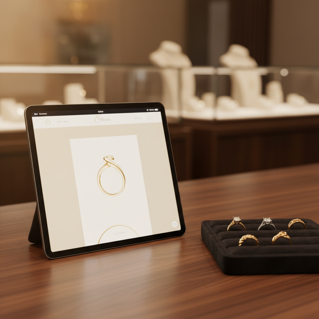 A branded jewelry storefront displayed on a tablet screen sitting on a polished wood counter next to a velvet ring tray