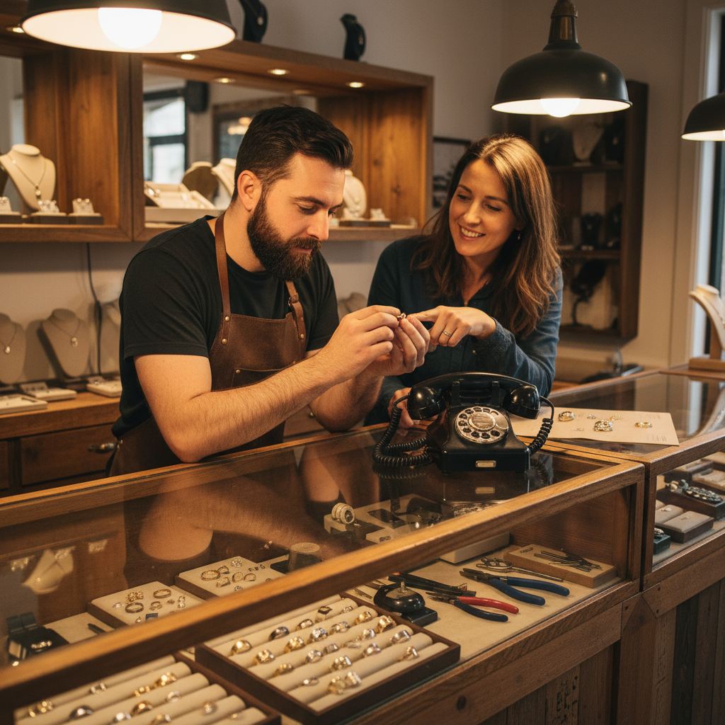 A busy jewelry store with a jeweler multitasking between a customer at the counter and a ringing phone