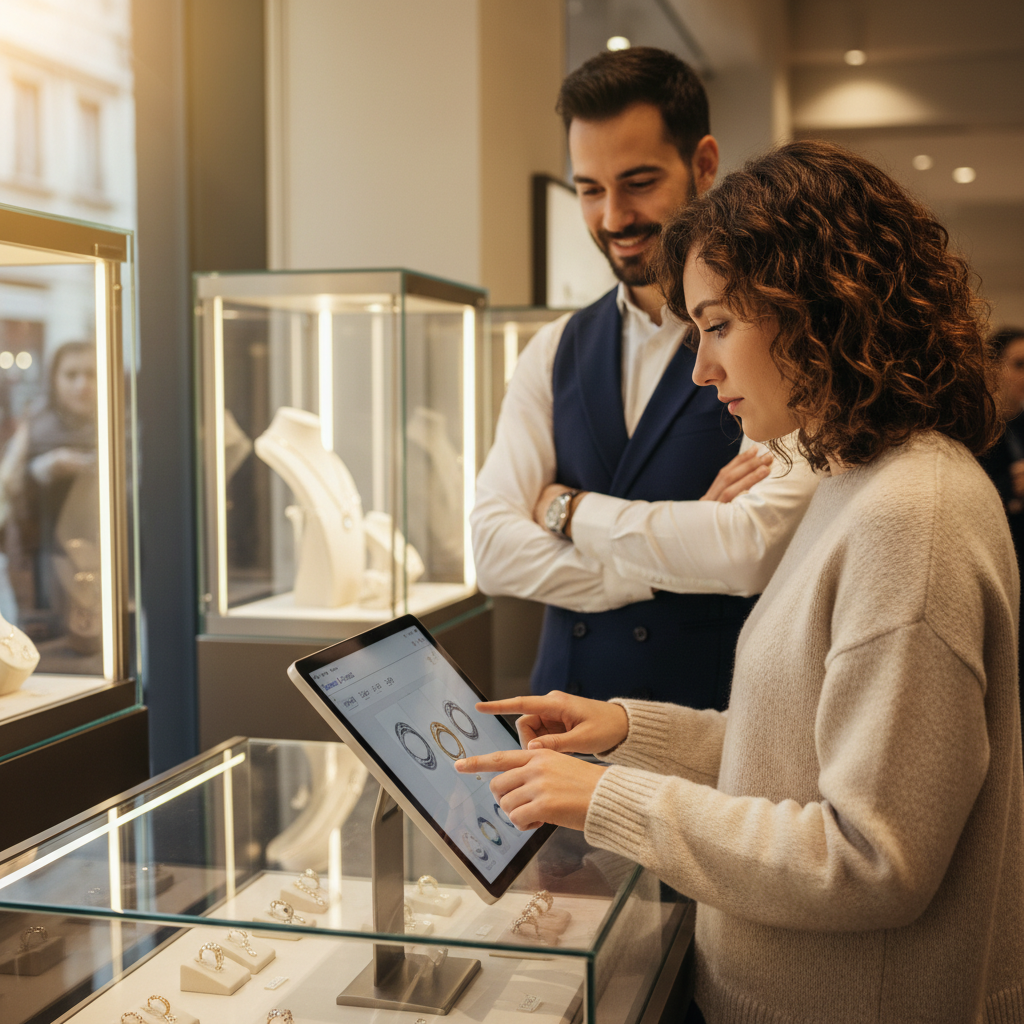 A jewelry store kiosk with a customer interacting with a touchscreen design tool while a jeweler observes nearby