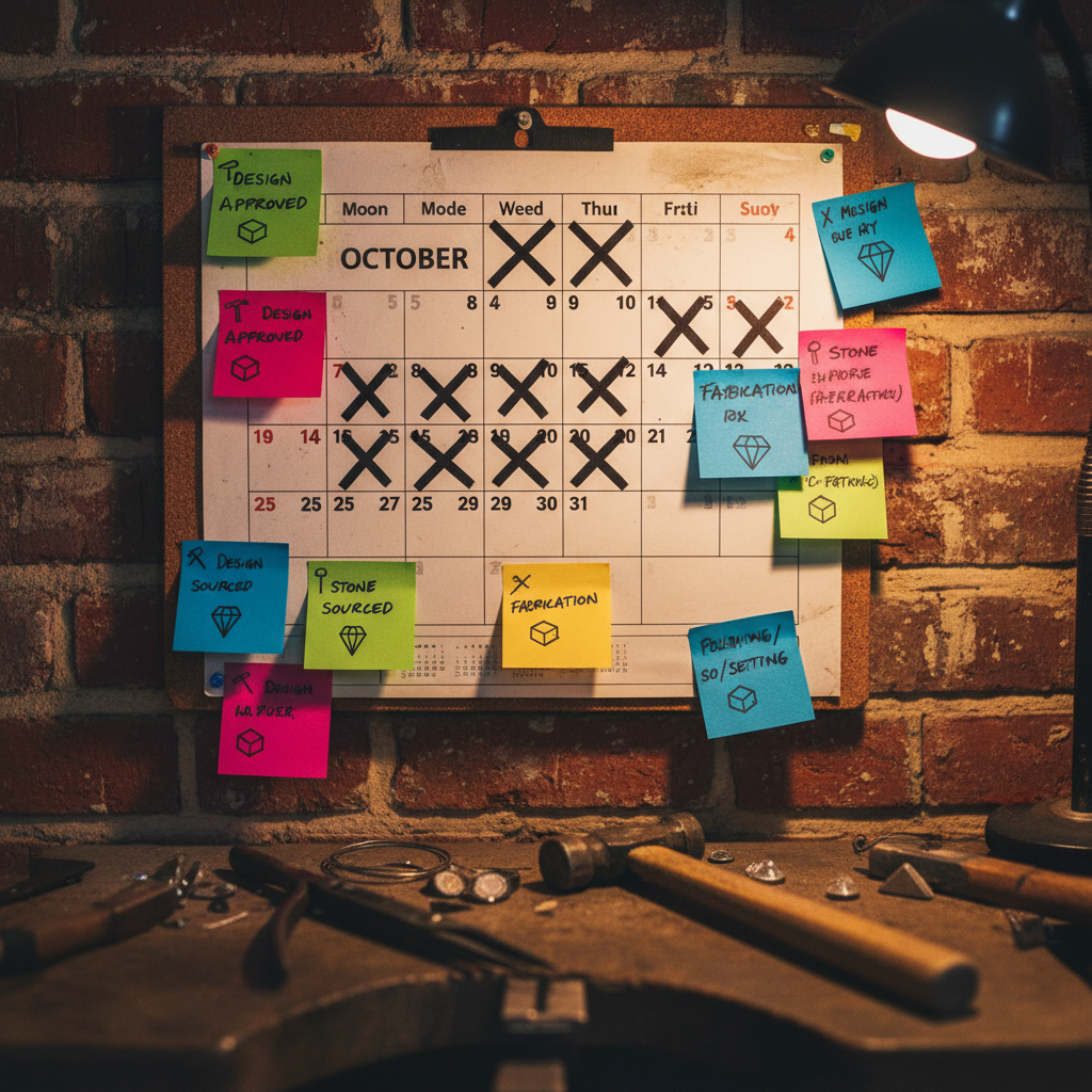 A wall calendar in a jewelry workshop with weeks marked off and sticky notes tracking custom order stages
