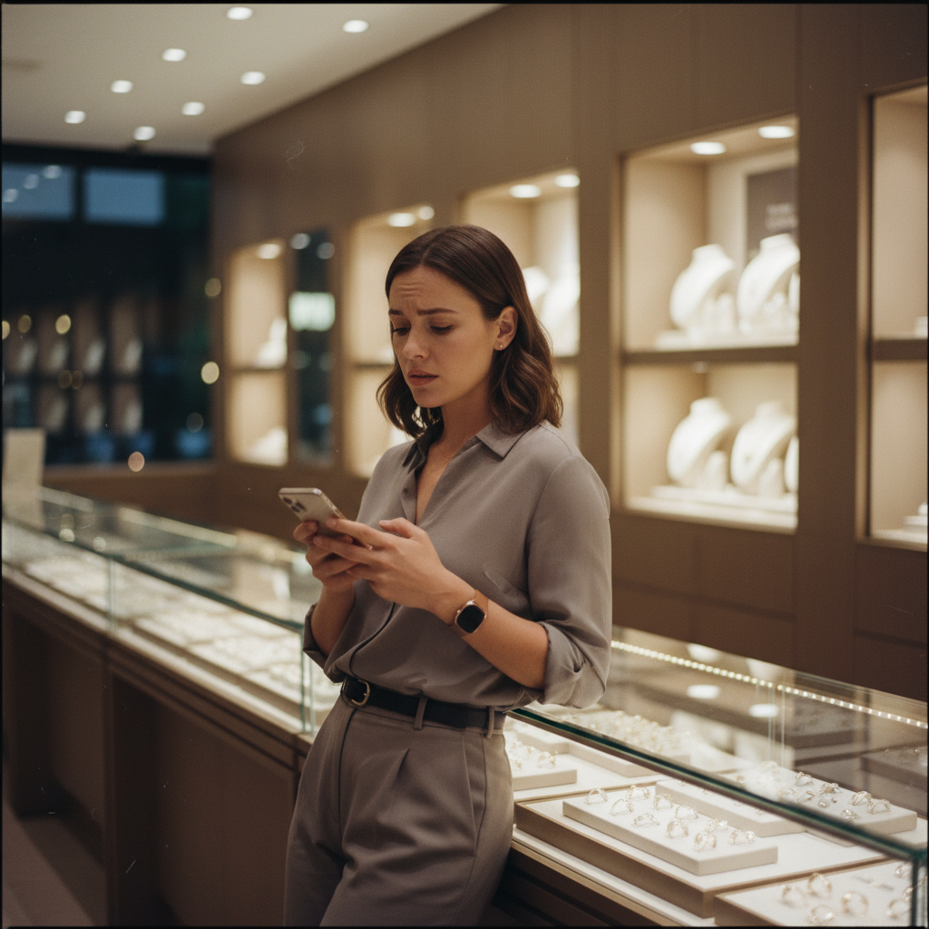 A customer checking their phone at a jewelry store counter with an expectant expression