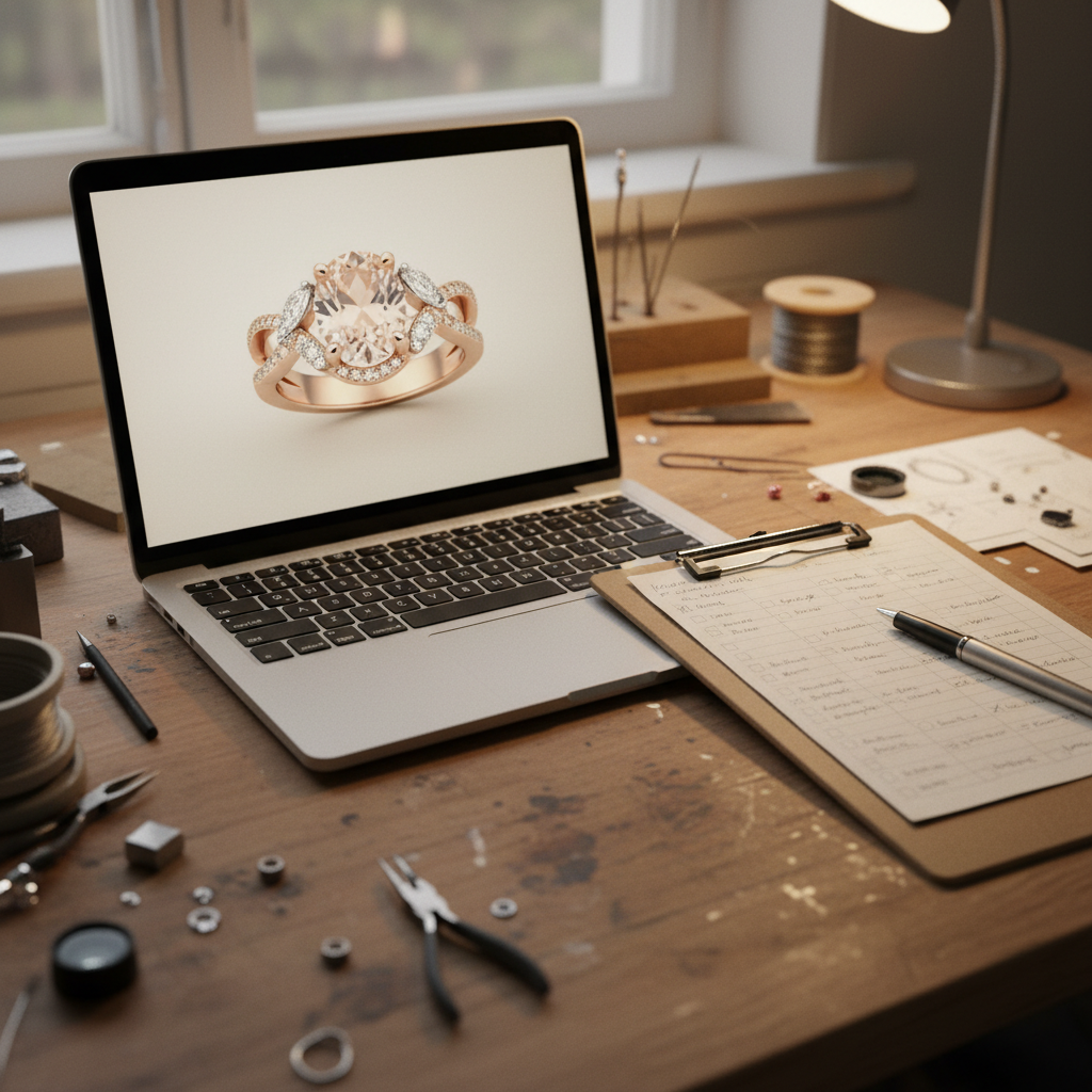 A stunning AI-generated ring image on screen next to a clipboard of unanswered customer follow-up notes