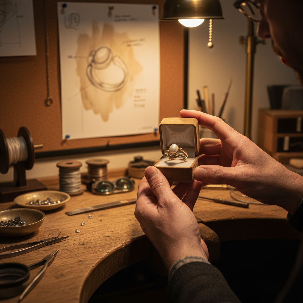 A jewelry store owner reviewing a completed custom order next to the original concept sketch pinned to a corkboard