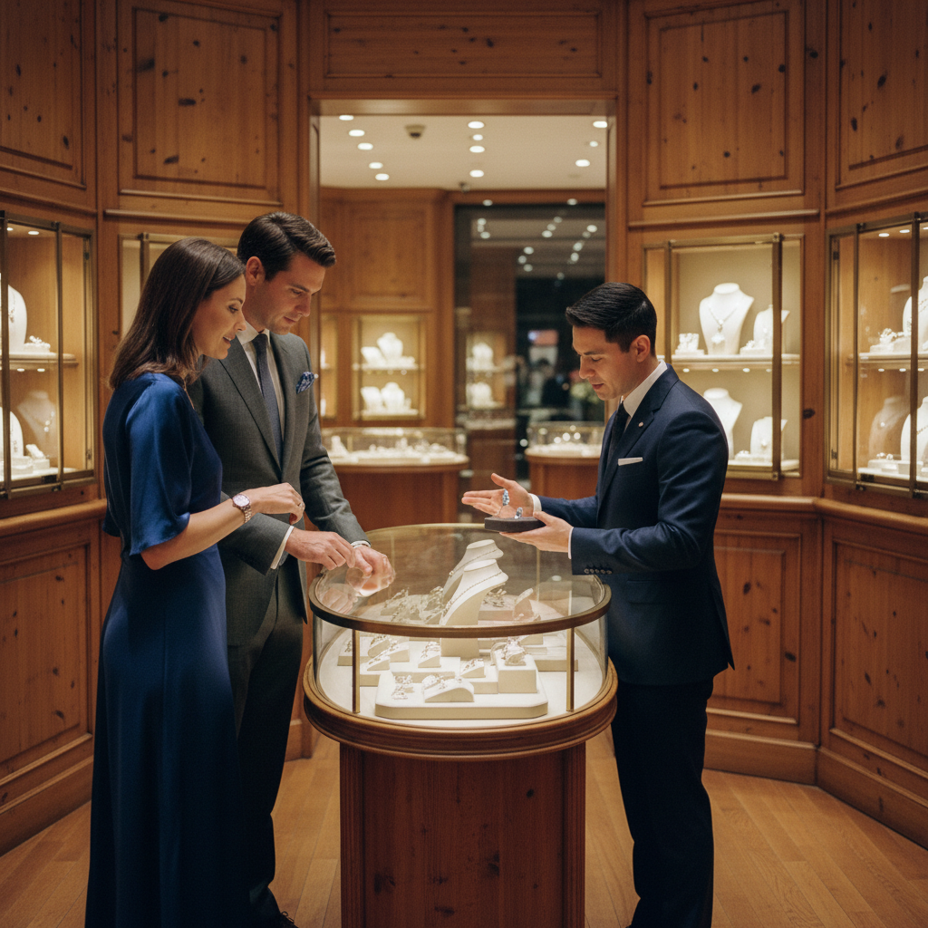 A couple browsing jewelry in an upscale boutique while a store associate presents a piece