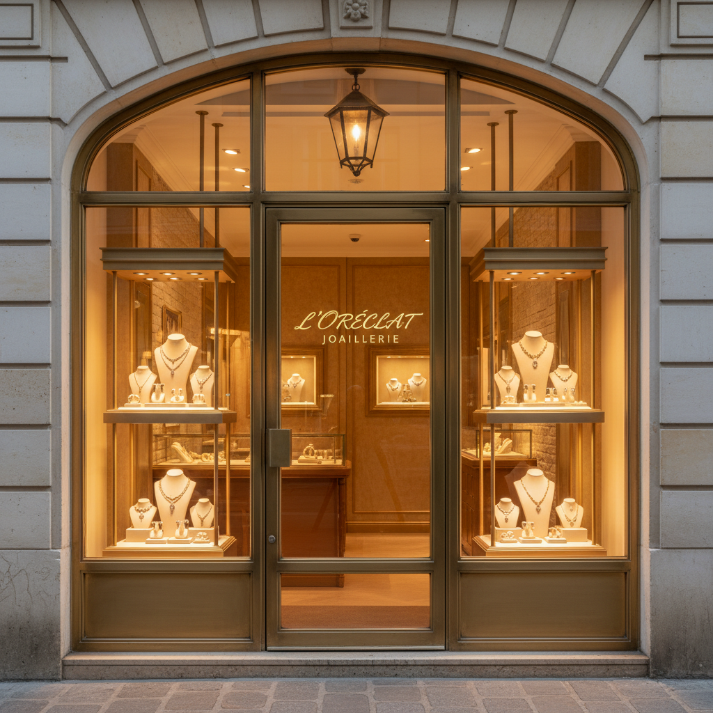 An elegant independent jewelry store entrance with warm golden light glowing from inside display cases