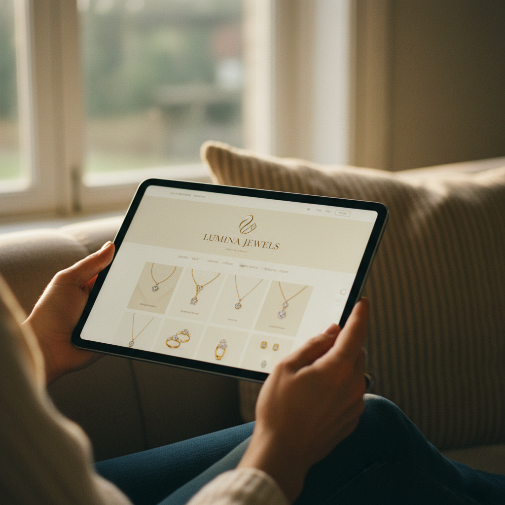 A customer browsing a branded jewelry storefront on an iPad from a sofa
