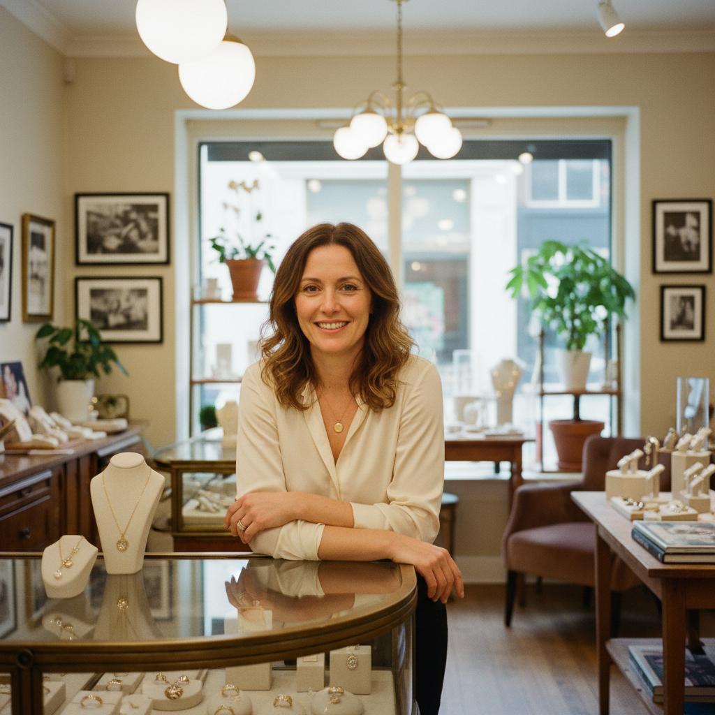 A confident jeweler standing behind the counter in their own boutique store