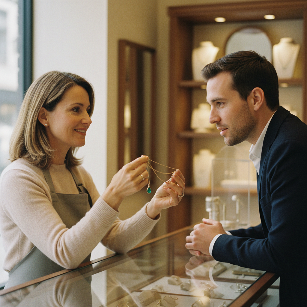 A jeweler showing a piece of jewelry to a customer across a display counter