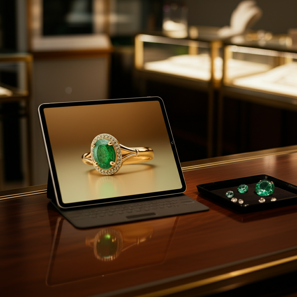 A tablet on a jewelry store counter displaying a ring design concept next to a velvet tray of gemstones