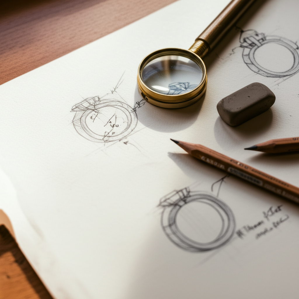 Hand-drawn jewelry sketches on paper next to a jeweler's loupe and pencils