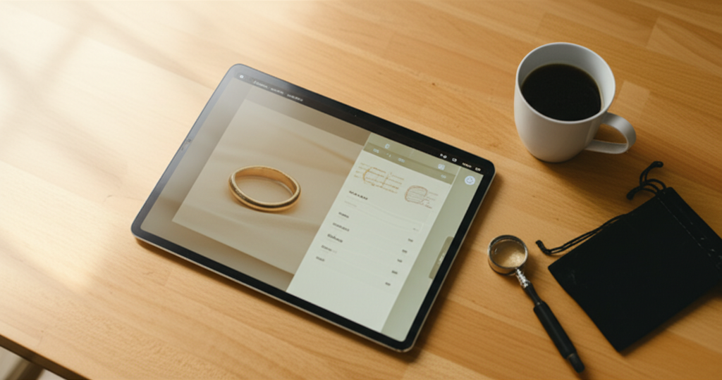 A tablet on a clean oak desk displaying a jewelry order with a gold ring concept and materials list
