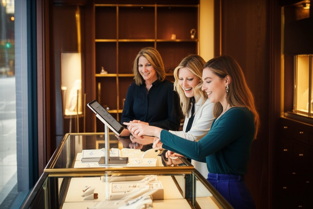 Two customers browsing a jewelry design kiosk inside a boutique jewelry store