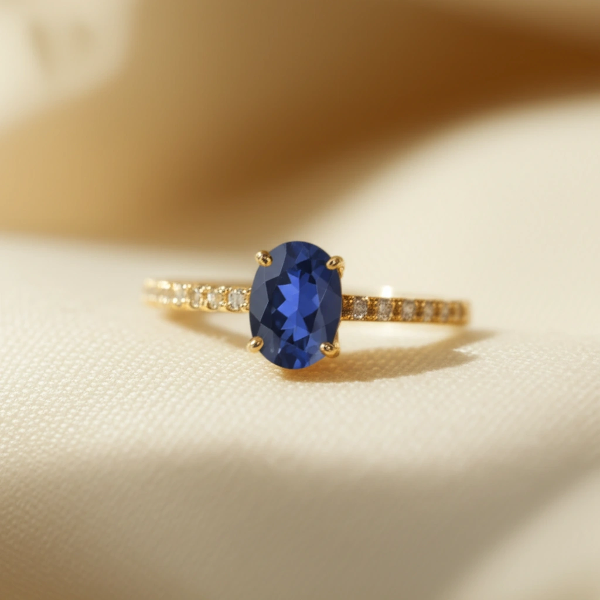 A gold ring with an oval sapphire and diamond-set band on warm ivory linen