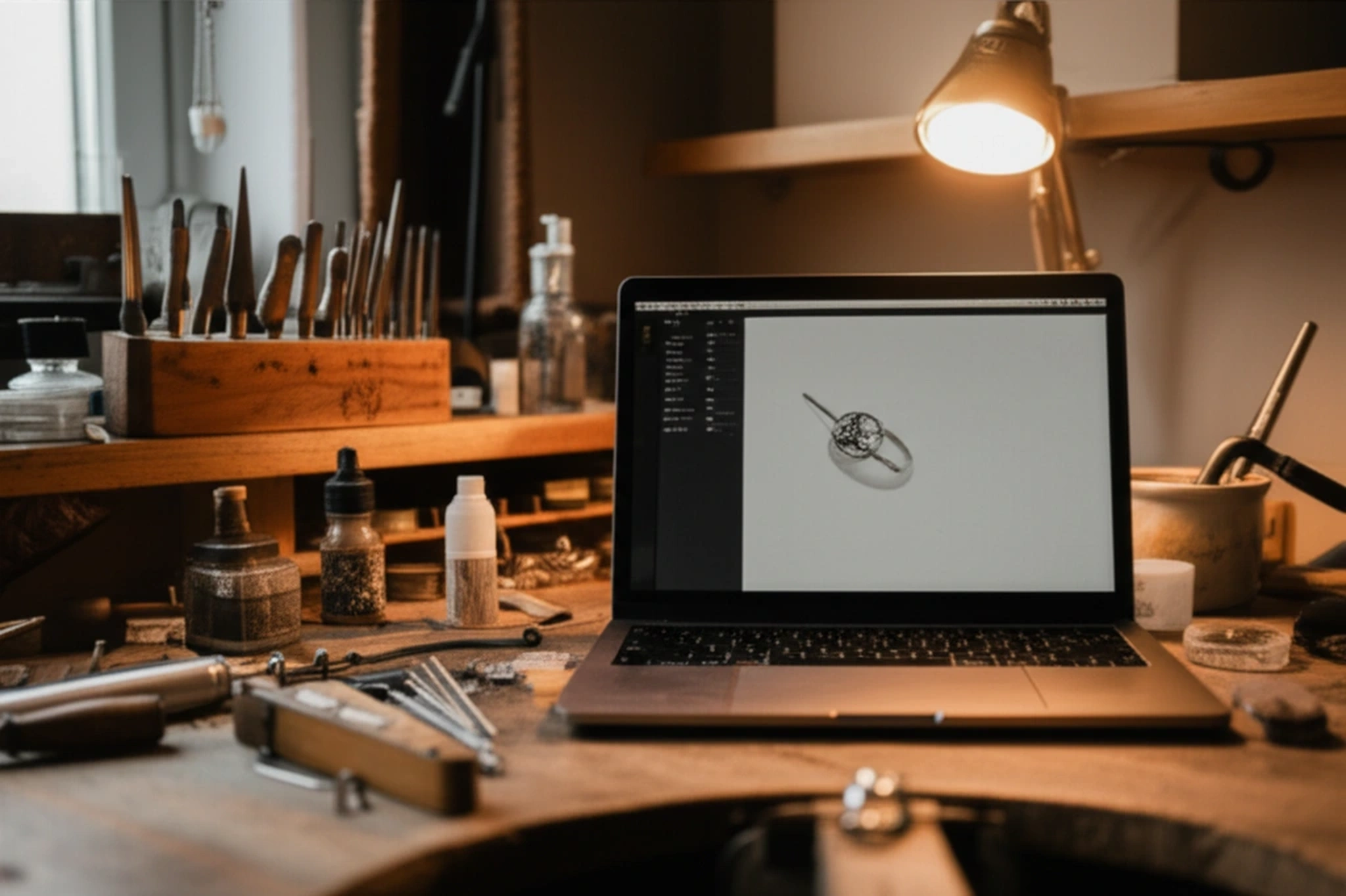 A jeweler's workbench with a laptop displaying a ring design concept, surrounded by gemstones and tools