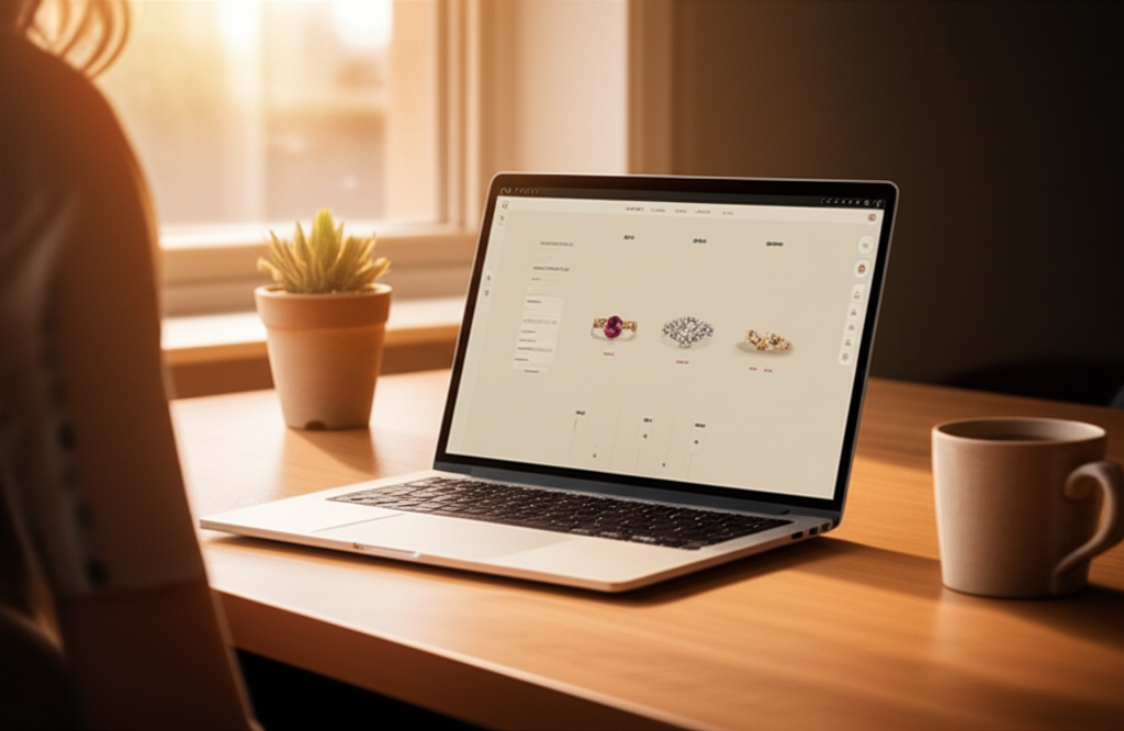A laptop displaying the Diamra jewelry design interface on a sunlit desk