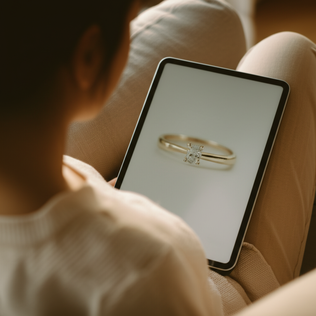 A hand holding a phone with a gold ring design on screen