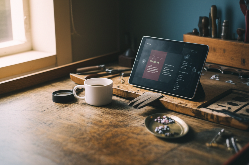 A jeweler's workbench with a tablet showing order notifications, coffee mug, and scattered tools in morning light