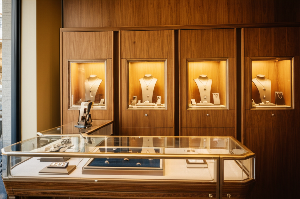 Warm interior of an upscale jewelry boutique with illuminated display cases