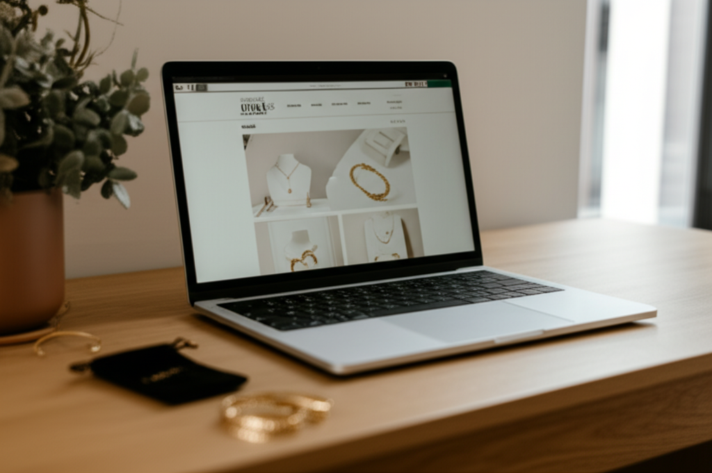 A laptop on an oak desk showing a jewelry store website, with a gold bracelet nearby