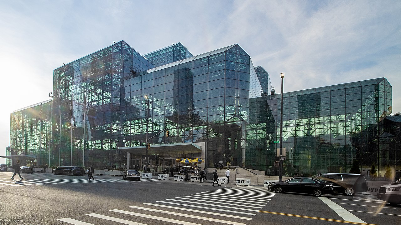 Glass facade of the Jacob K. Javits Convention Center in Manhattan