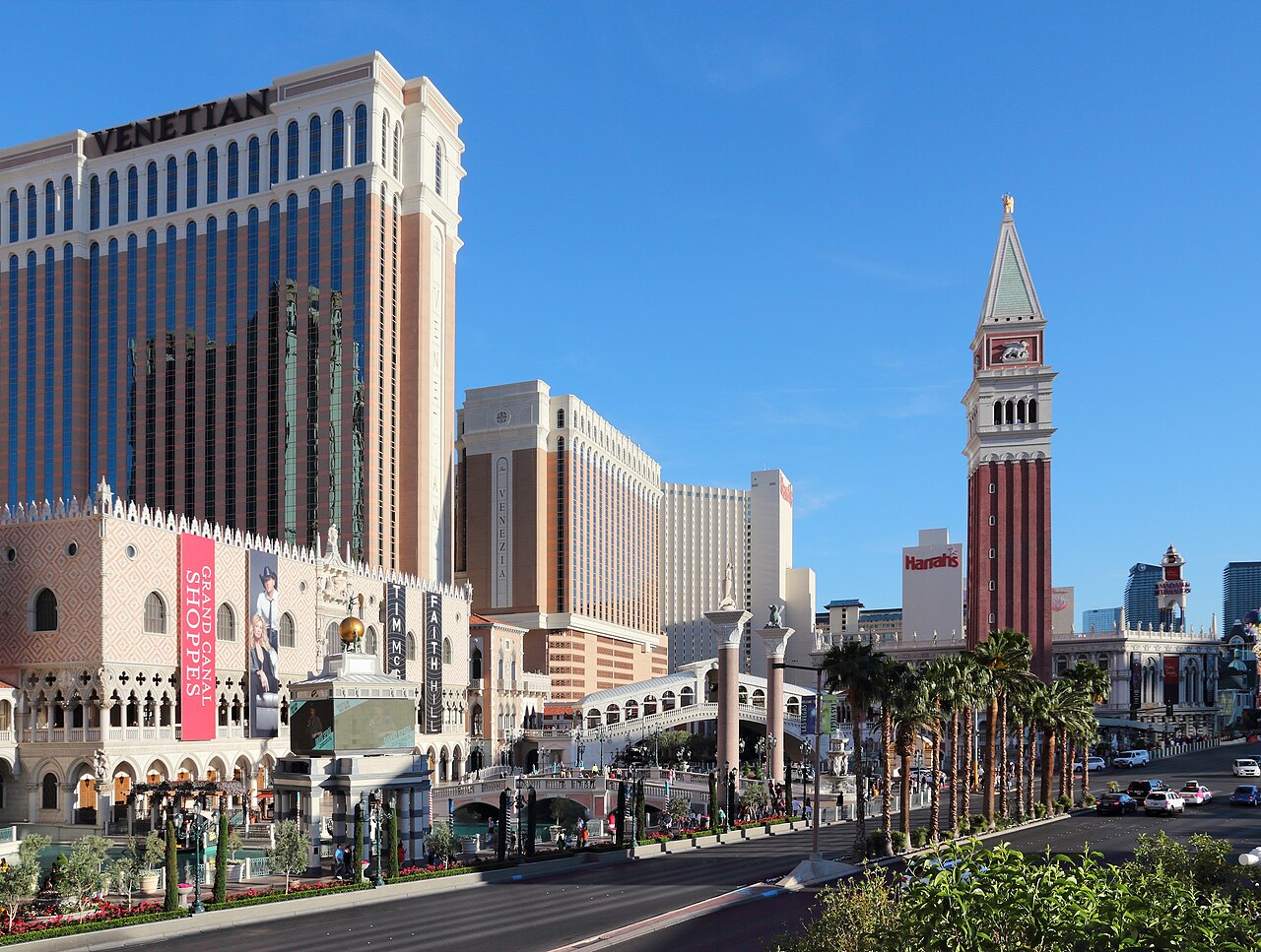 The Venetian Las Vegas exterior with St. Mark's Campanile tower along the Strip