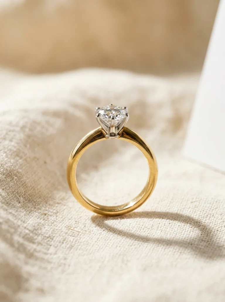 Yellow gold solitaire engagement ring with a round diamond, standing on ivory linen