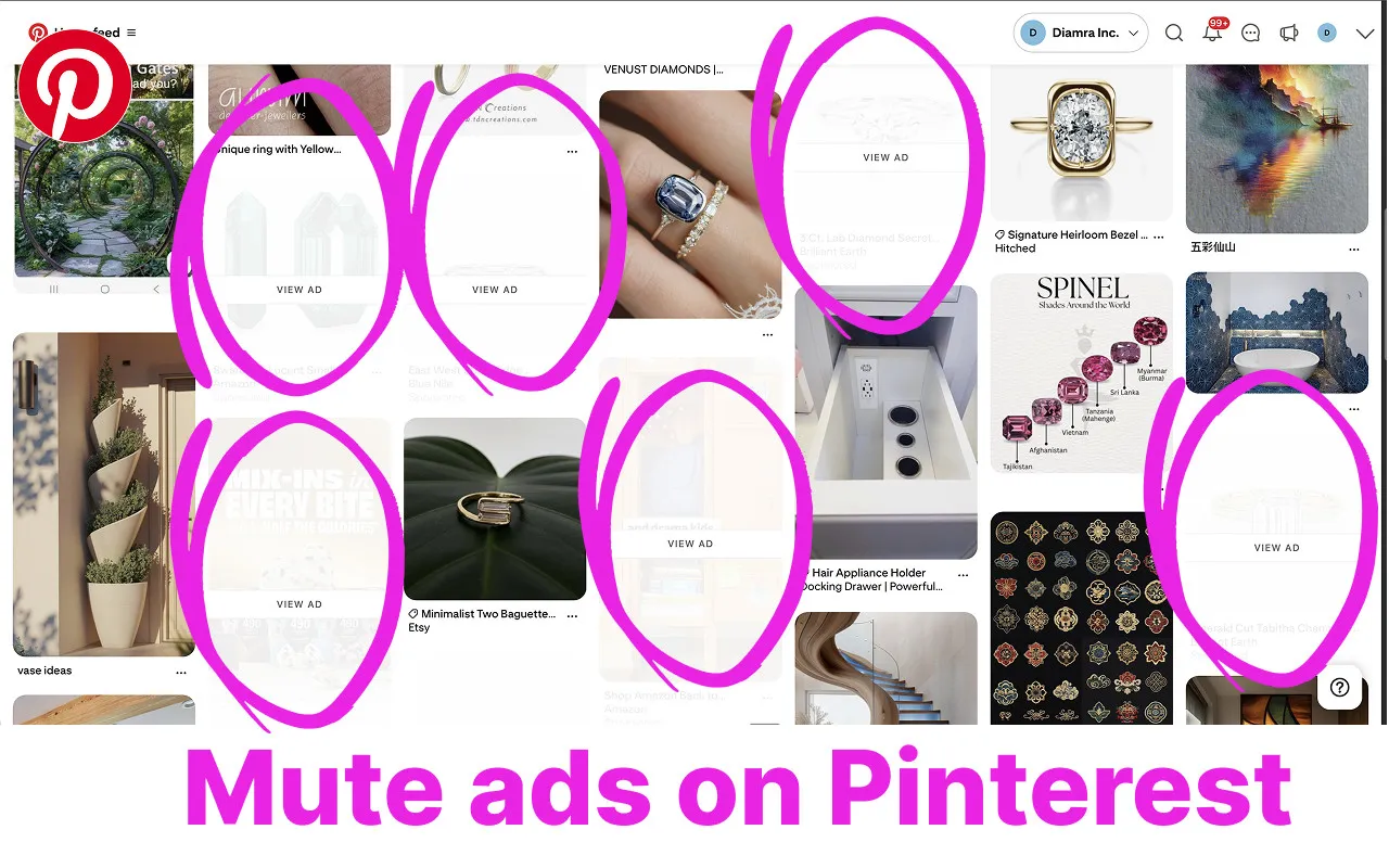 Pinterest home feed with sponsored pins muted by the Diamra extension